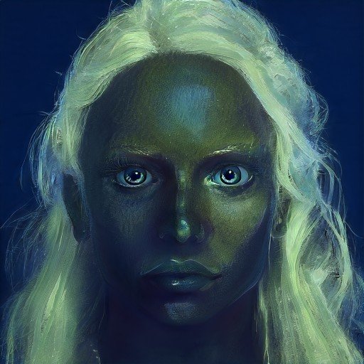 Black skinned woman with blue eyes and white hair.