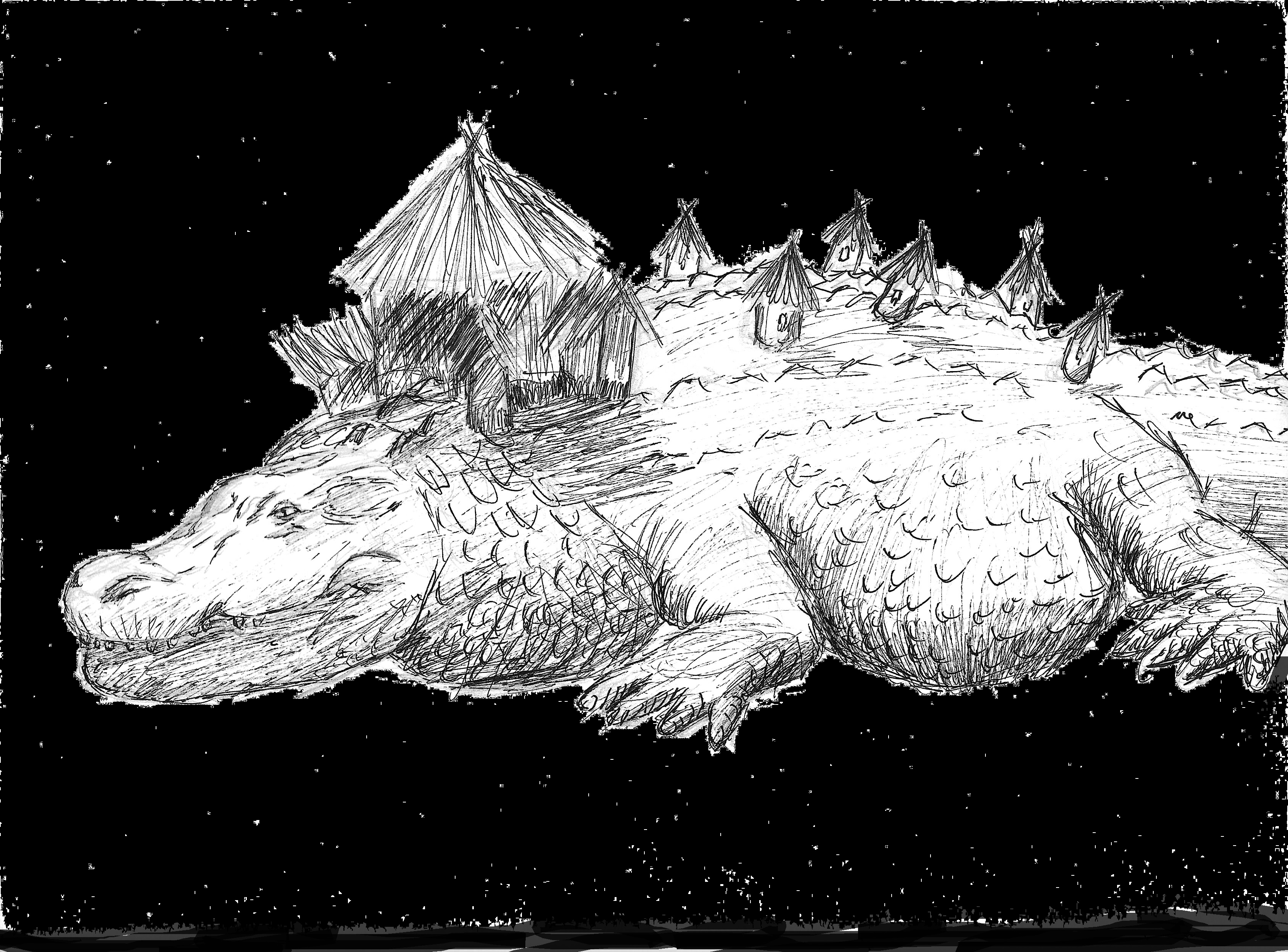 An alligator with a tavern and huts on its back.