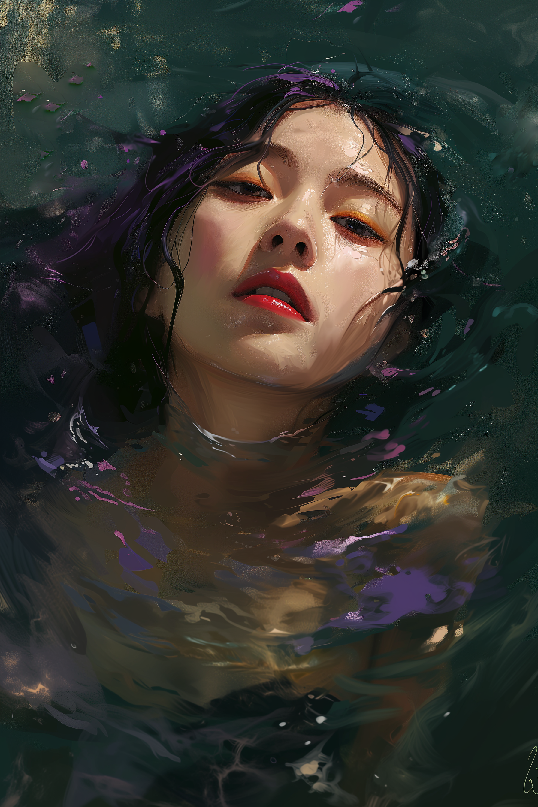 A mermaid with east Asian features floating with her face peeking out from the water.