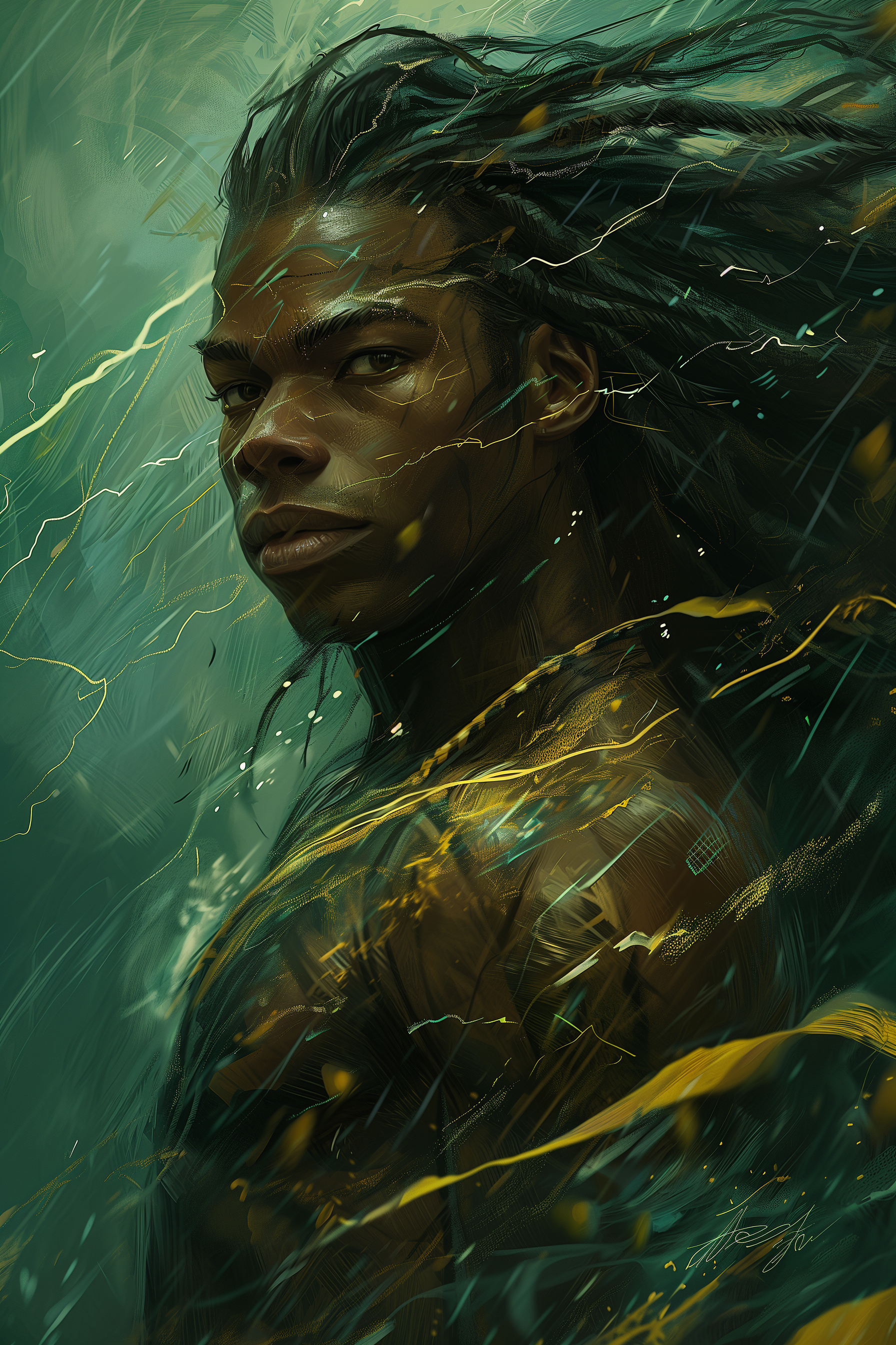 A triton with dark brown skin, long black hair, surrounded by sparks of lightning magic.