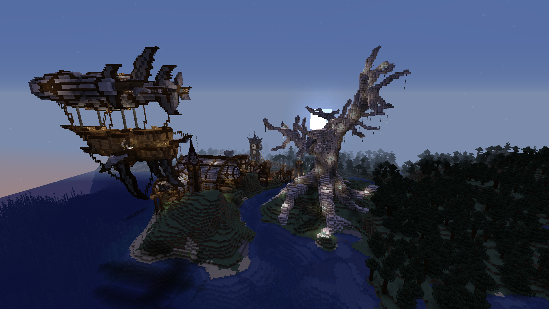 The shattered moon in a silver tree with a Telperion Skyship in the foreground.
