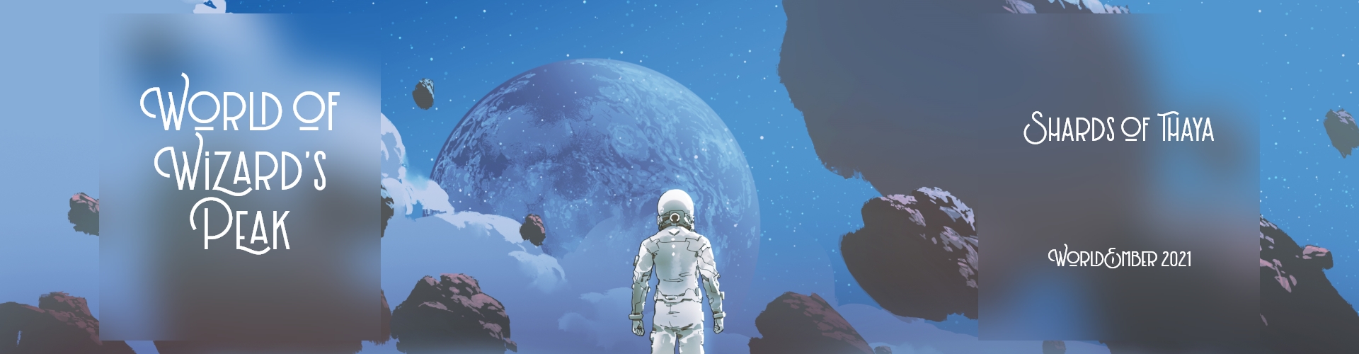 A person on a moon with floating islands around them.