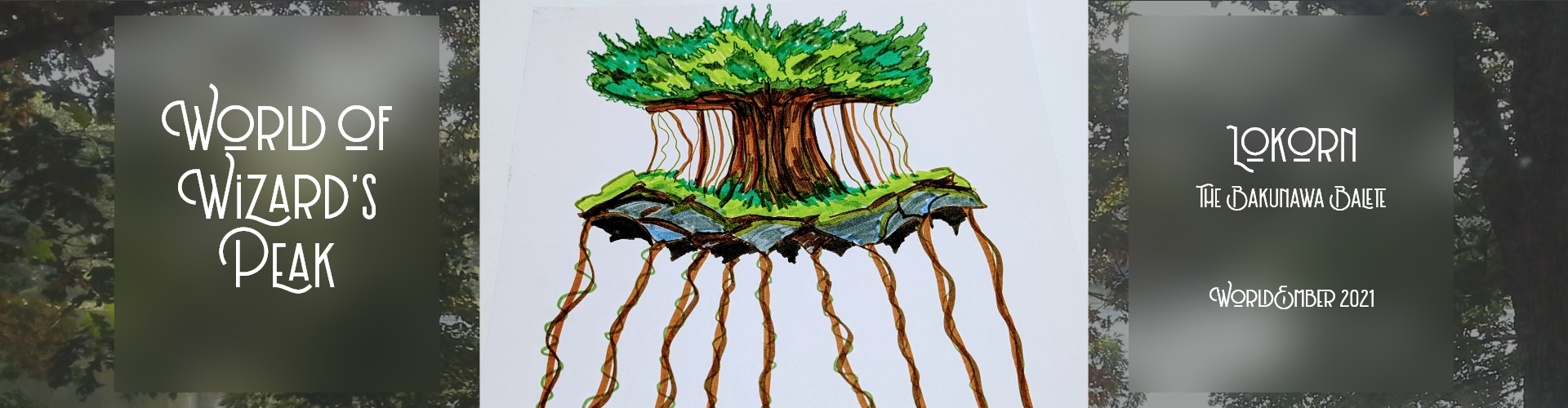 Hand drawn art of a balete tree on a floating island.